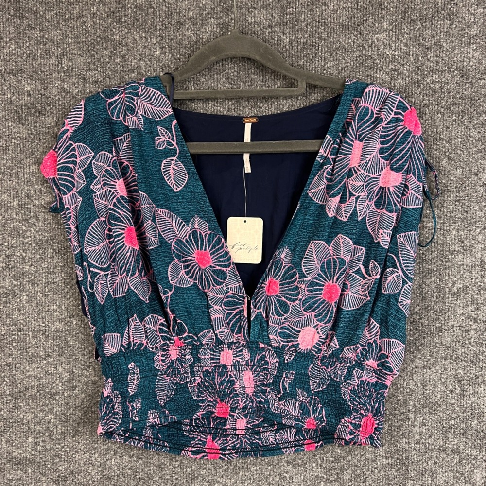 NEW $148 Free People Teal Morning sun‎ peerless Floral Print V-Neck Top - Size M